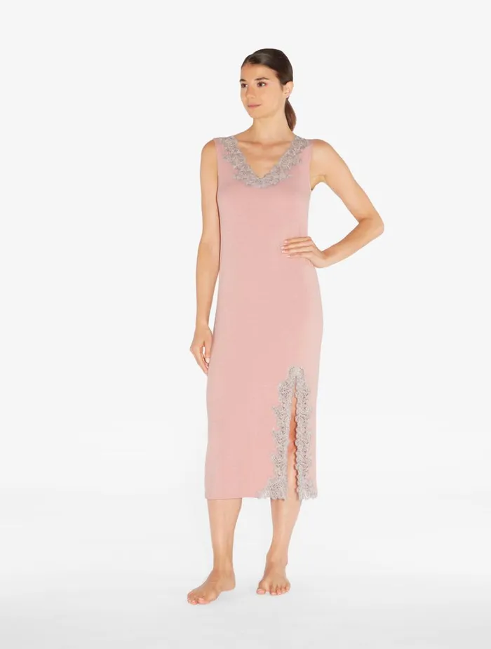 La Perla Cashmere Blend Ribbed Long Nightgown In Blush Clay With Frastaglio Women Pajamas