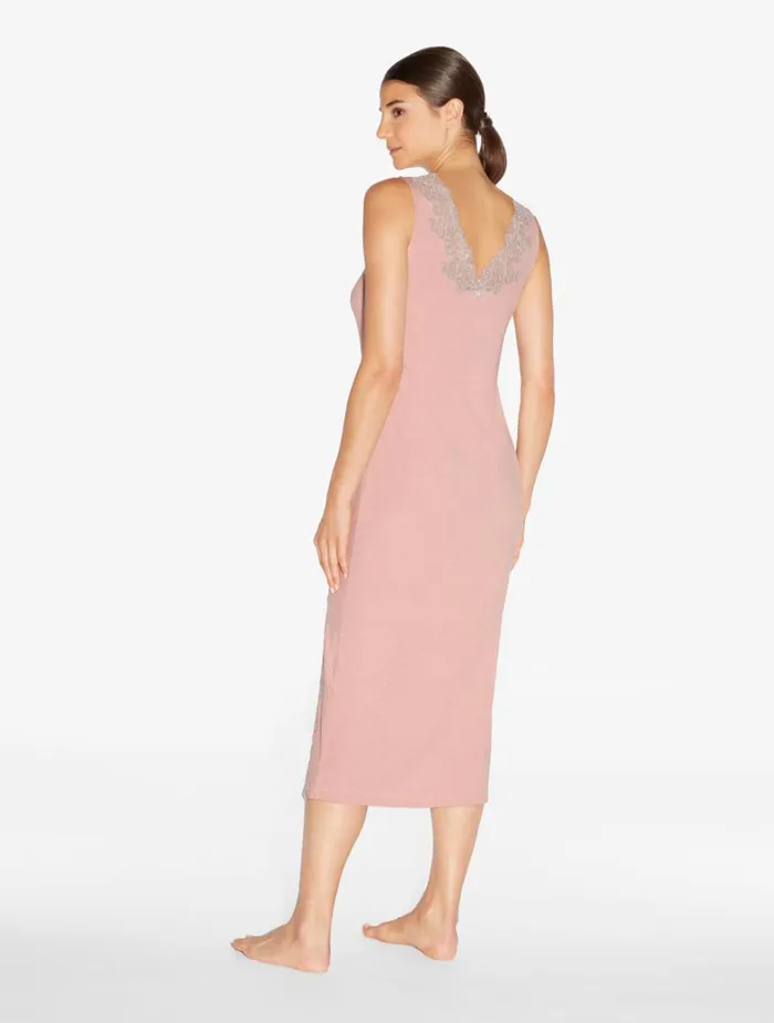 La Perla Cashmere Blend Ribbed Long Nightgown In Blush Clay With Frastaglio Women Pajamas