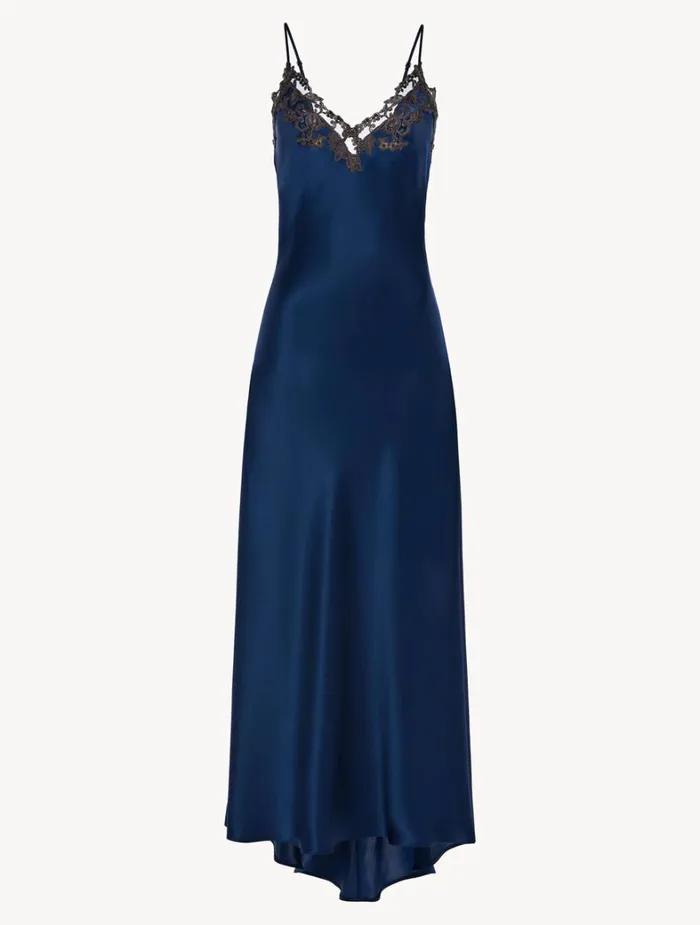 La Perla Long Blue Nightgown With Frastaglio Women Slips and Dresses