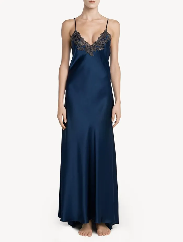 La Perla Long Blue Nightgown With Frastaglio Women Slips and Dresses