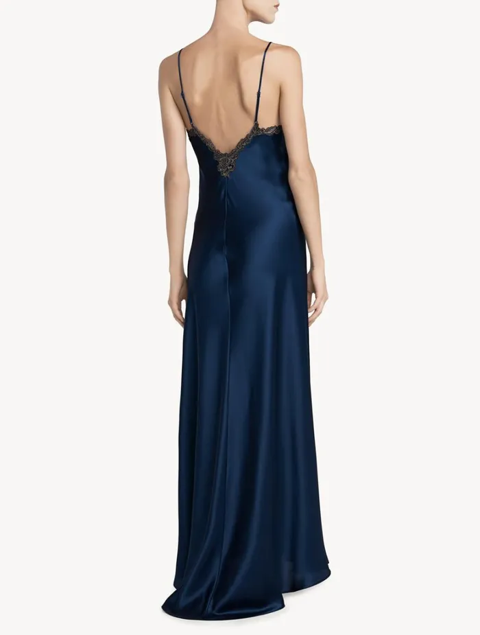 La Perla Long Blue Nightgown With Frastaglio Women Slips and Dresses