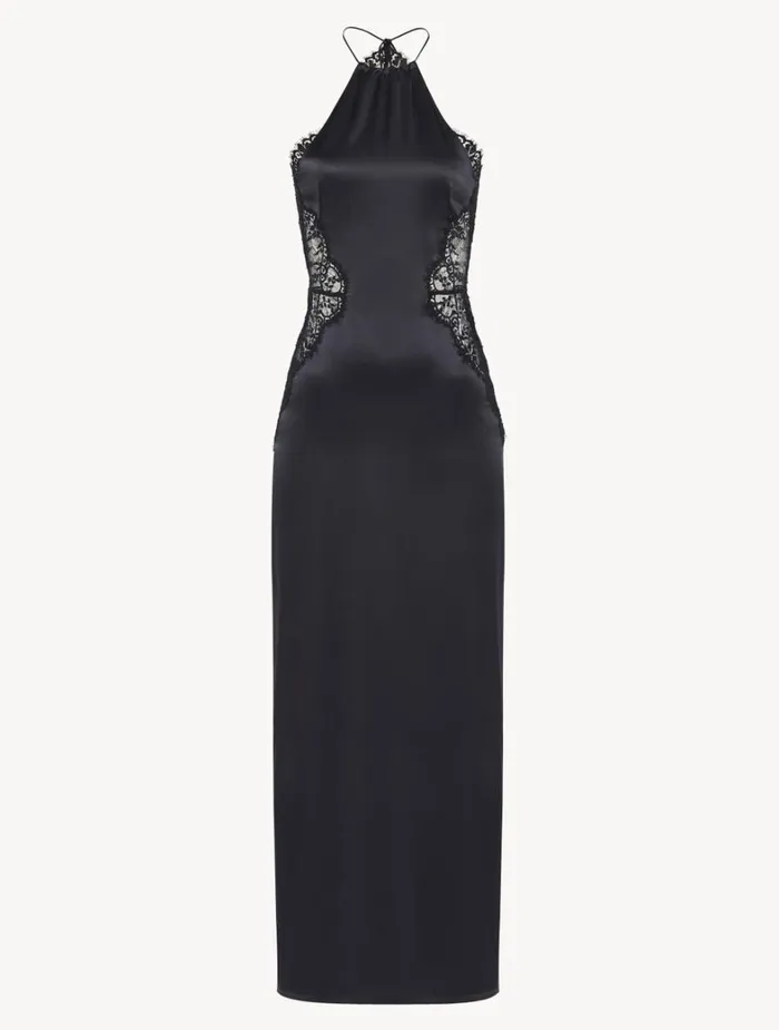 La Perla Luxury Halter Silk Nightdress In Black With Lace Women Slips and Dresses