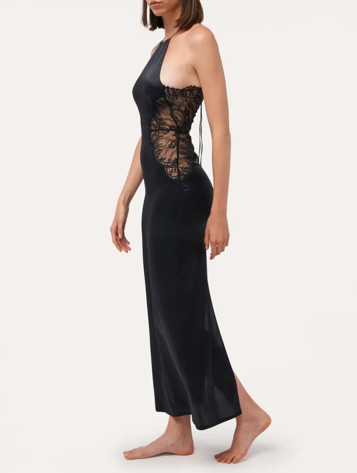 La Perla Luxury Halter Silk Nightdress In Black With Lace Women Slips and Dresses