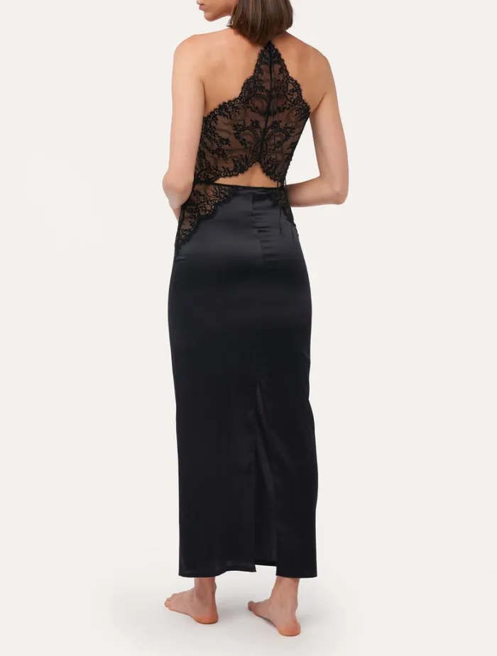 La Perla Luxury Halter Silk Nightdress In Black With Lace Women Slips and Dresses