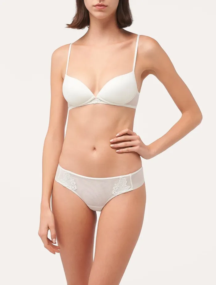 La Perla Luxury Sheer Embroidered Tulle Thong In OffWhite Women G String and Thong