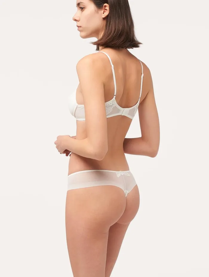 La Perla Luxury Sheer Embroidered Tulle Thong In OffWhite Women G String and Thong