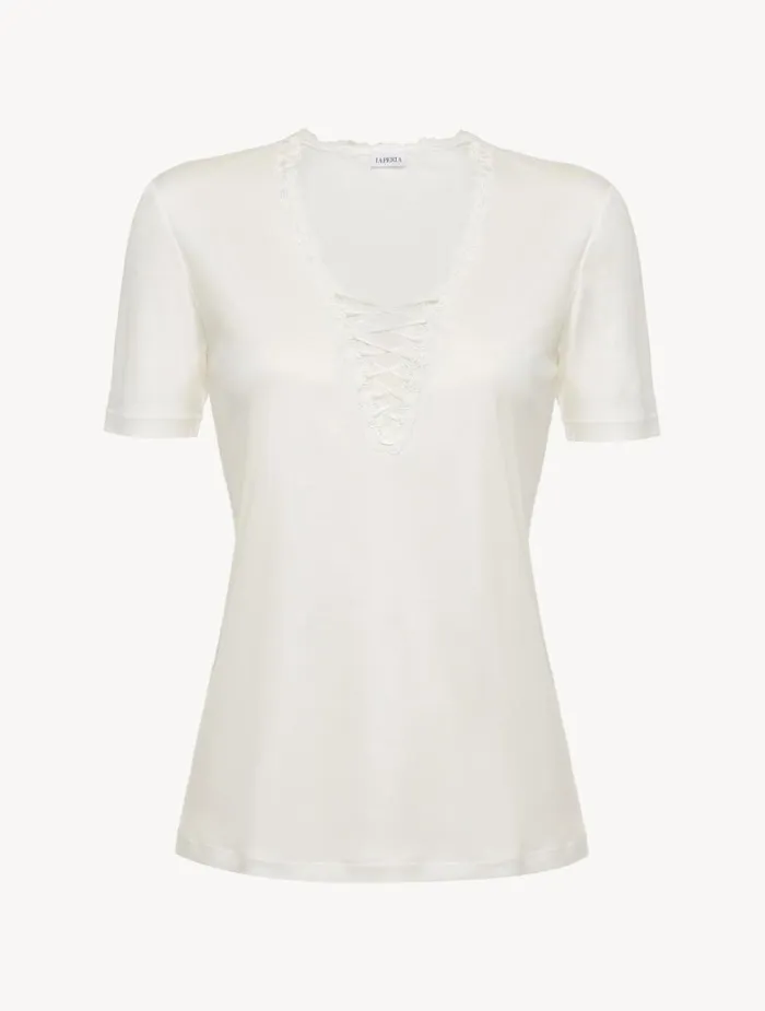 La Perla Modal Pajama TShirt In White With Embroidered Tulle Women Camisoles