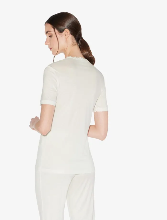 La Perla Modal Pajama TShirt In White With Embroidered Tulle Women Camisoles