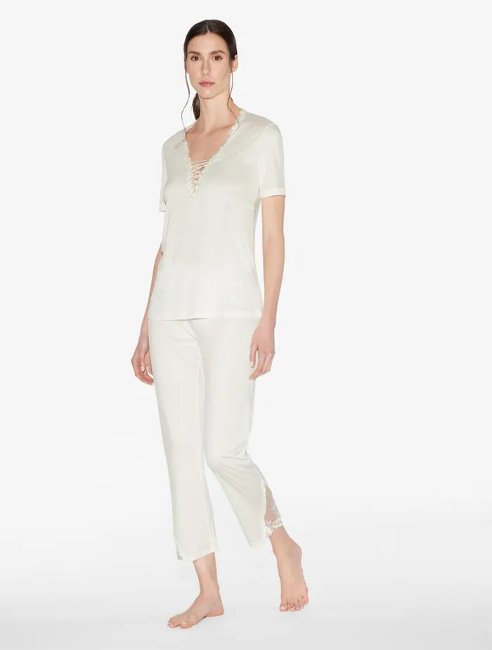 La Perla Modal Pajama TShirt In White With Embroidered Tulle Women Camisoles