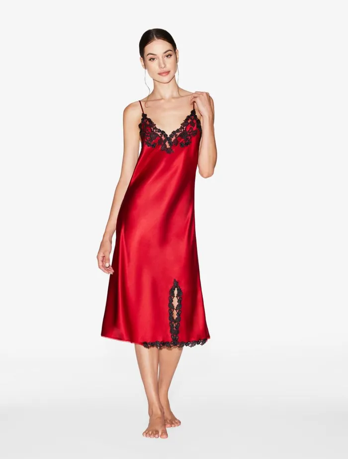 La Perla Red Silk Satin Short Nightgown With Frastaglio Women Pajamas