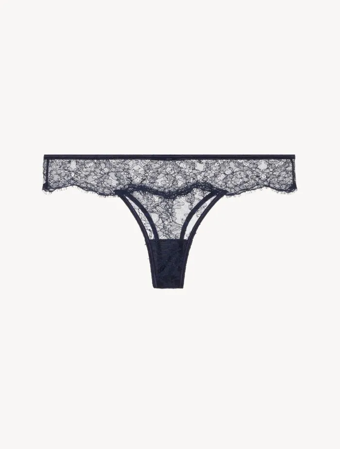 La Perla Thong In Steel Blue And Black With Leavers Lace Women G String and Thong