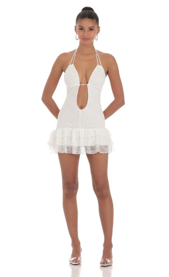 Lace Plunge Neck Dress White Women LUCY IN THE SKY Mini Dresses