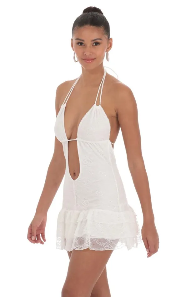 Lace Plunge Neck Dress White Women LUCY IN THE SKY Mini Dresses