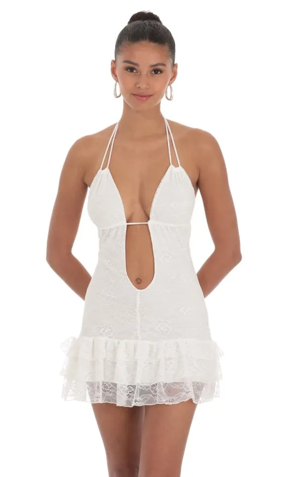 Lace Plunge Neck Dress White Women LUCY IN THE SKY Mini Dresses