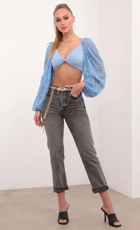 Lace Puff Sleeve Crop Top Sky Blue Women LUCY IN THE SKY Tops Lace Puff Sleeve Crop Top Sky Blue Women LUCY IN THE SKY Tops