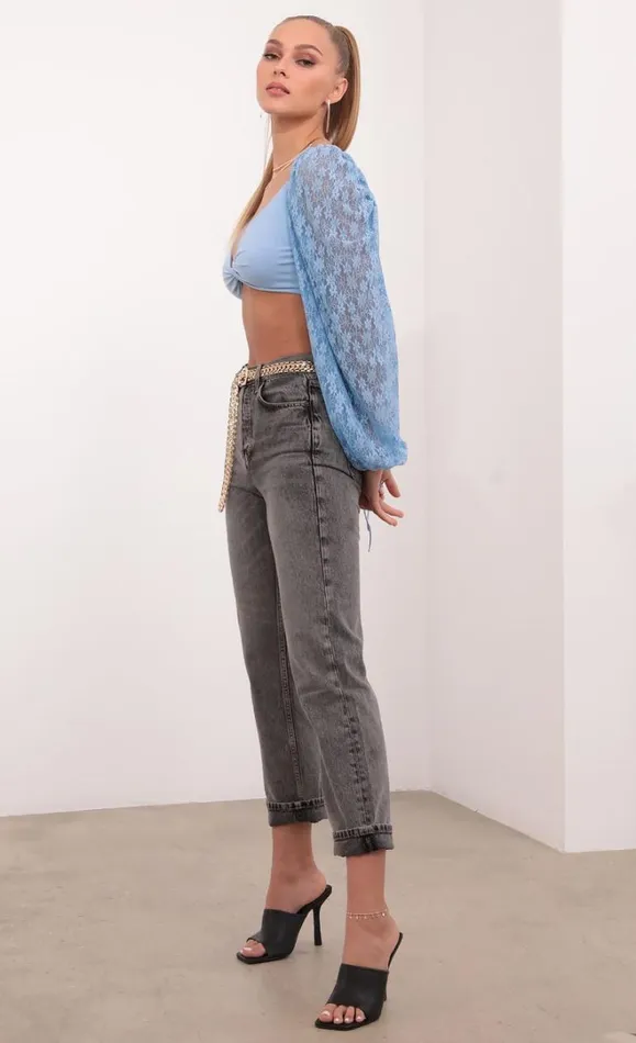 Lace Puff Sleeve Crop Top Sky Blue Women LUCY IN THE SKY Tops Lace Puff Sleeve Crop Top Sky Blue Women LUCY IN THE SKY Tops