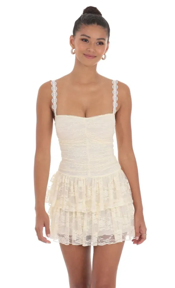 Lace Ruched Ruffle Dress Cream Women LUCY IN THE SKY Mini Dresses