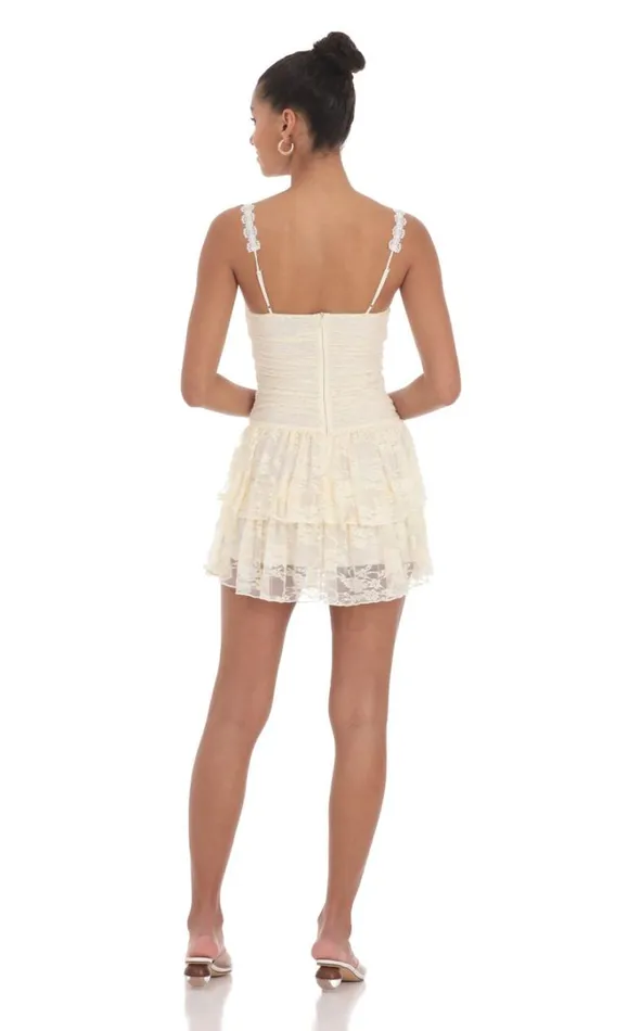 Lace Ruched Ruffle Dress Cream Women LUCY IN THE SKY Mini Dresses