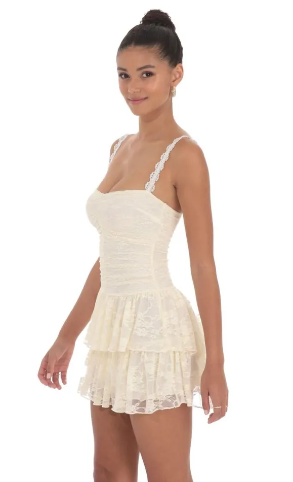 Lace Ruched Ruffle Dress Cream Women LUCY IN THE SKY Mini Dresses