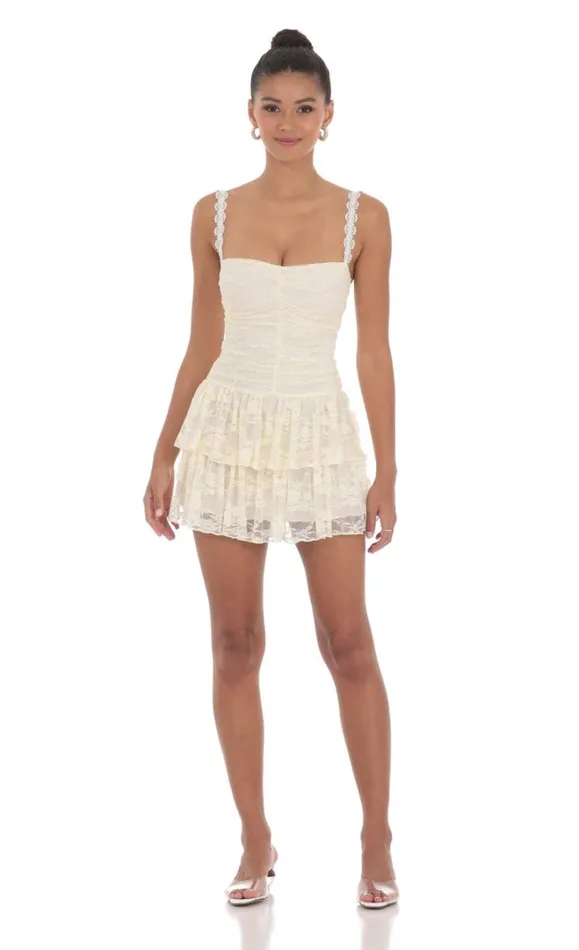 Lace Ruched Ruffle Dress Cream Women LUCY IN THE SKY Mini Dresses
