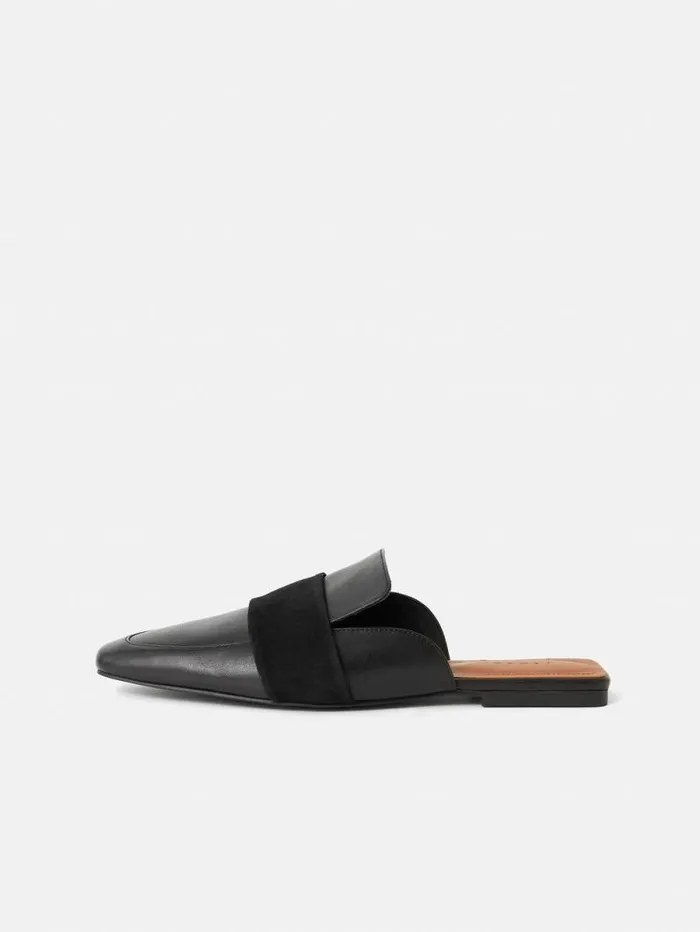 Leather Backless Loafer Black Women Jigsaw Flats