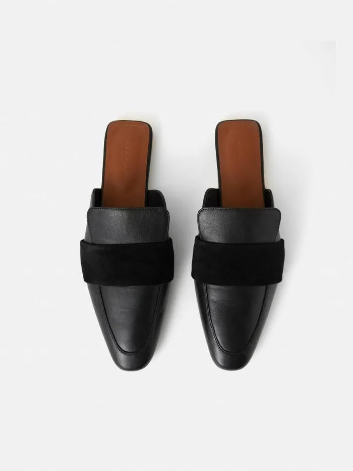 Leather Backless Loafer Black Women Jigsaw Flats