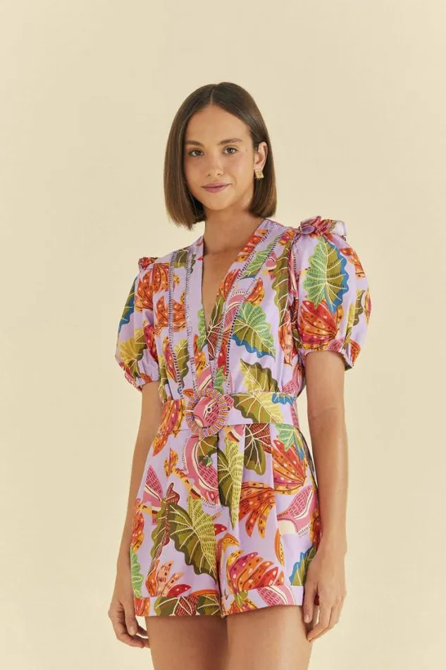 Lilac Beaks and Bananas V Neck Romper Women FARM Rio Rompers
