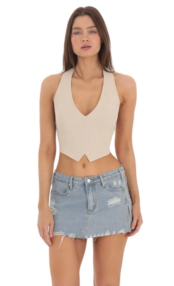 Linen Halter Top Beige Women LUCY IN THE SKY Tops Linen Halter Top Beige Women LUCY IN THE SKY Tops