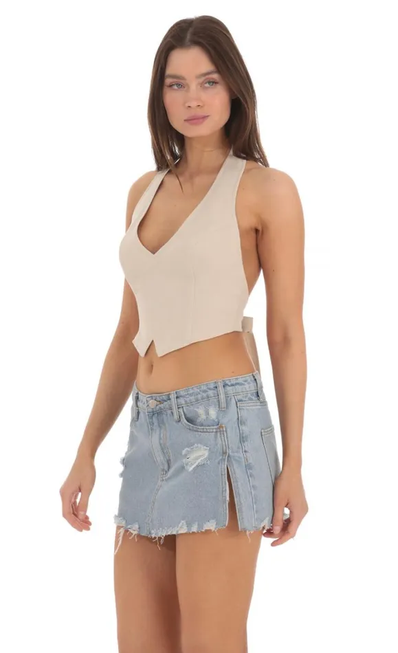 Linen Halter Top Beige Women LUCY IN THE SKY Tops Linen Halter Top Beige Women LUCY IN THE SKY Tops
