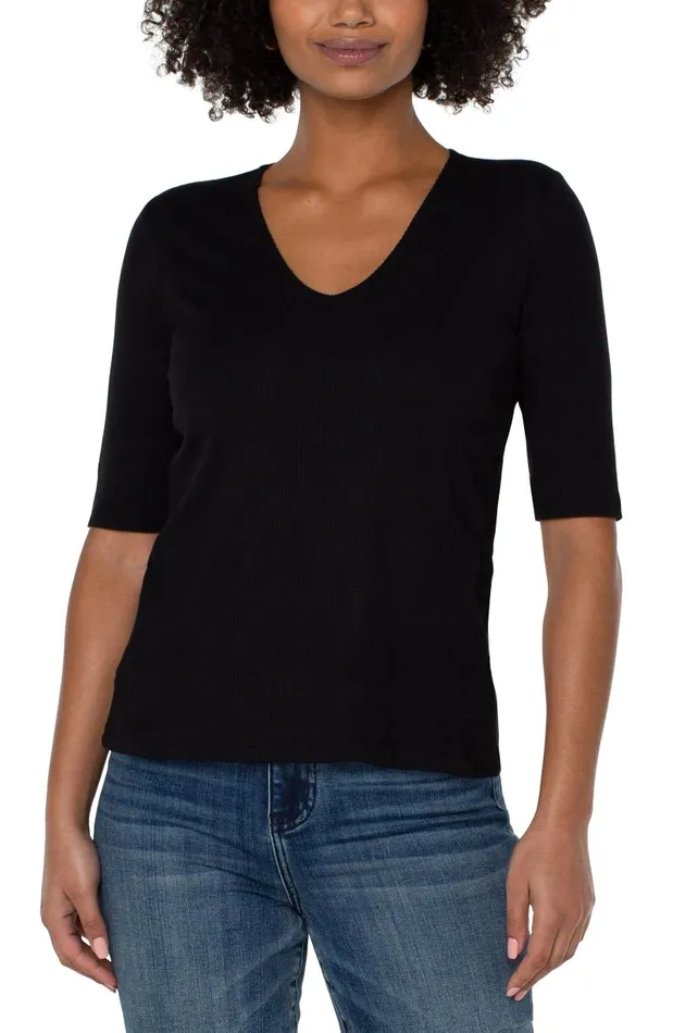 Liverpool Los Angeles Tees DOUBLE LAYER VNECK RIB KNIT TOP Black 8211 Womens