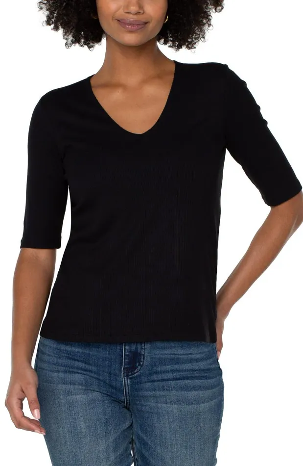 Liverpool Los Angeles Tees DOUBLE LAYER VNECK RIB KNIT TOP Black 8211 Womens