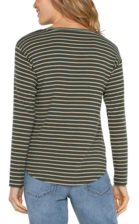 Liverpool Los Angeles Tees LONG SLEEVE SCOOP NECK TOP Moss Green Stripe 8211 Womens