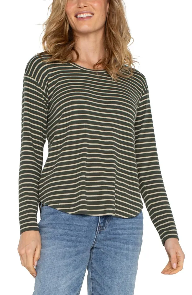 Liverpool Los Angeles Tees LONG SLEEVE SCOOP NECK TOP Moss Green Stripe 8211 Womens