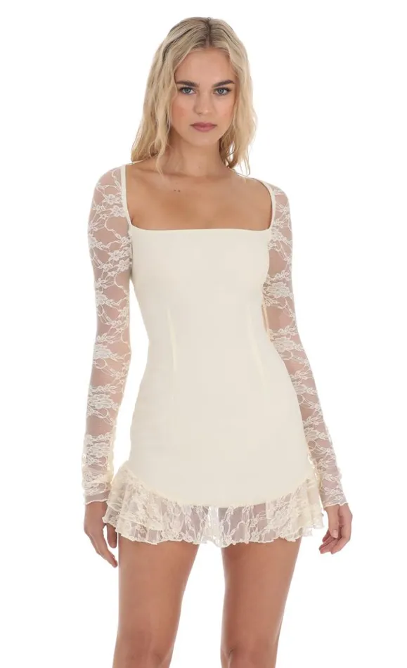 Long Lace Sleeve Ruffle Dress Cream Women LUCY IN THE SKY Mini Dresses