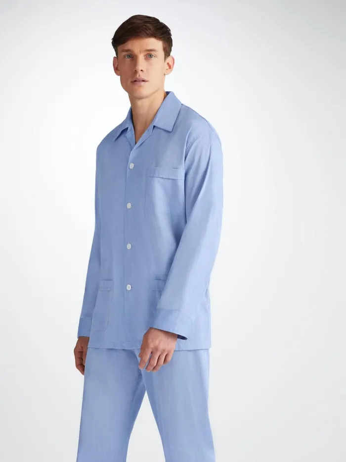 Long Pajamas Men Derek Rose Classic Fit Pajamas Amalfi Cotton Batiste Blue