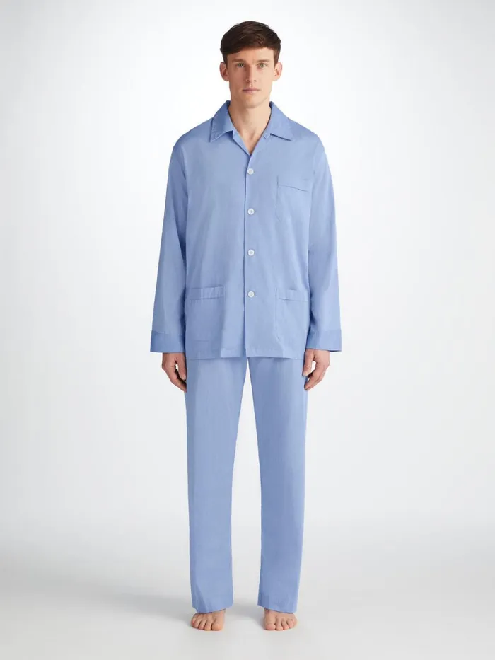Long Pajamas Men Derek Rose Classic Fit Pajamas Amalfi Cotton Batiste Blue