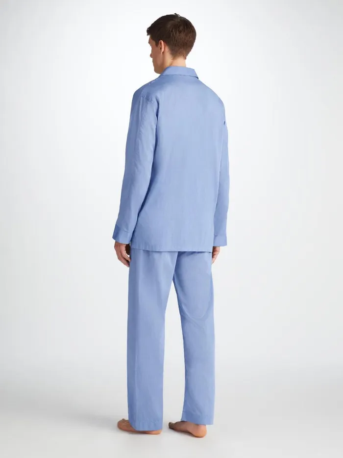 Long Pajamas Men Derek Rose Classic Fit Pajamas Amalfi Cotton Batiste Blue