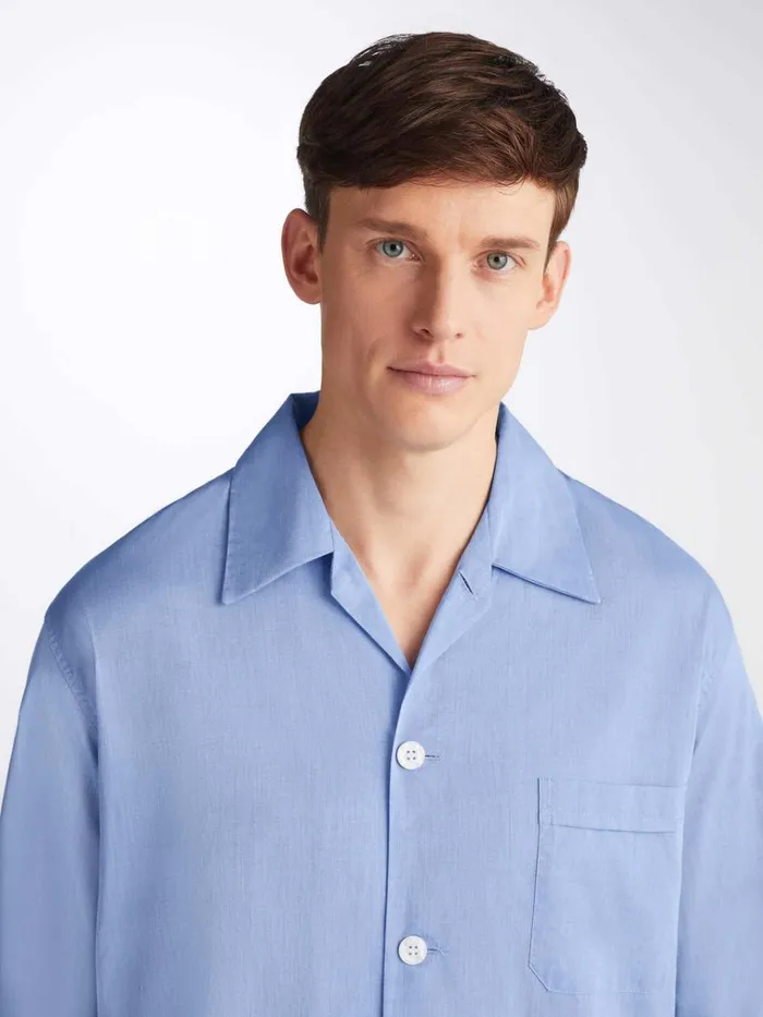 Long Pajamas Men Derek Rose Classic Fit Pajamas Amalfi Cotton Batiste Blue