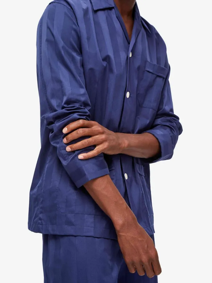 Long Pajamas Men Derek Rose Classic Fit Pajamas Lingfield Cotton Navy