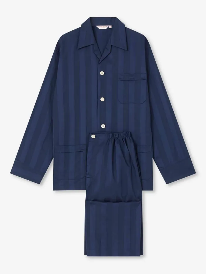 Long Pajamas Men Derek Rose Classic Fit Pajamas Lingfield Cotton Navy