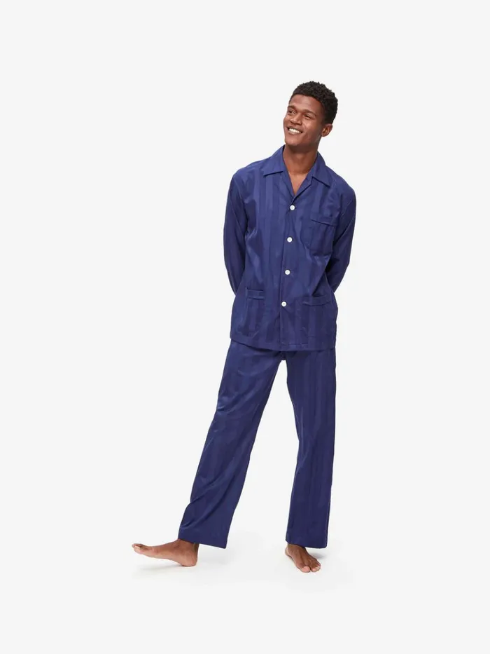 Long Pajamas Men Derek Rose Classic Fit Pajamas Lingfield Cotton Navy