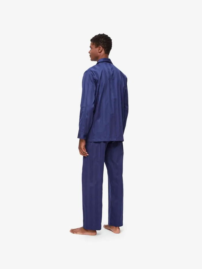 Long Pajamas Men Derek Rose Classic Fit Pajamas Lingfield Cotton Navy