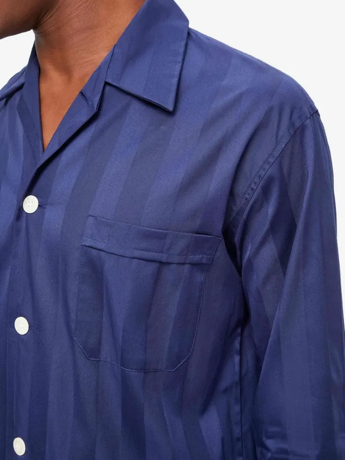 Long Pajamas Men Derek Rose Classic Fit Pajamas Lingfield Cotton Navy