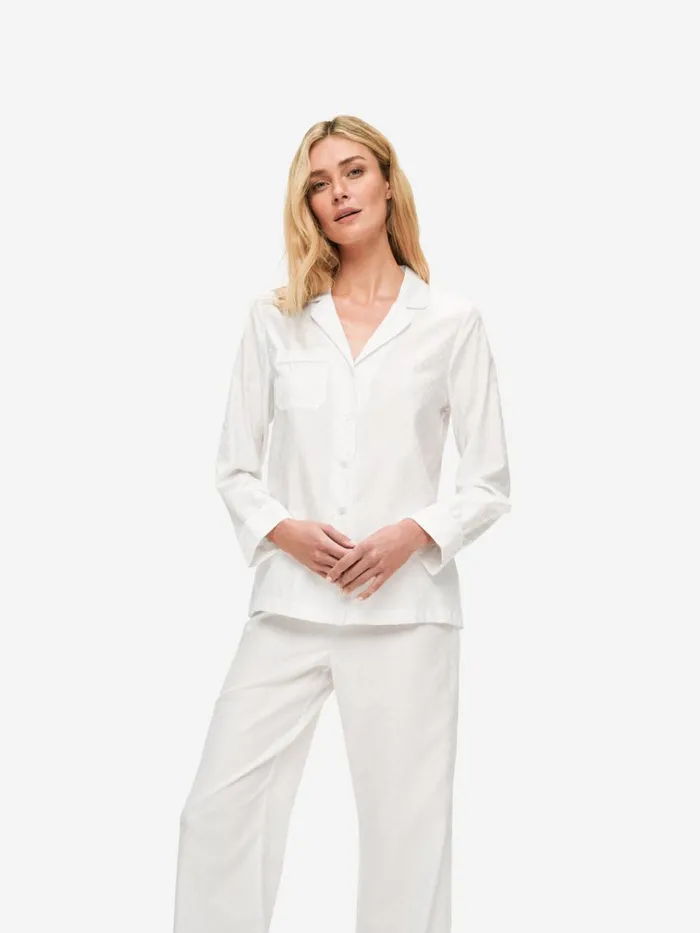Long Pajamas Women Derek Rose Pajamas Kate 7 Cotton Jacquard White
