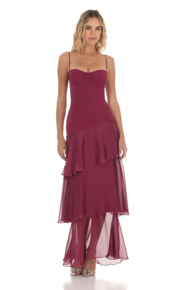 Long Ruffle Maxi Dress Plum Women LUCY IN THE SKY Maxi Dresses
