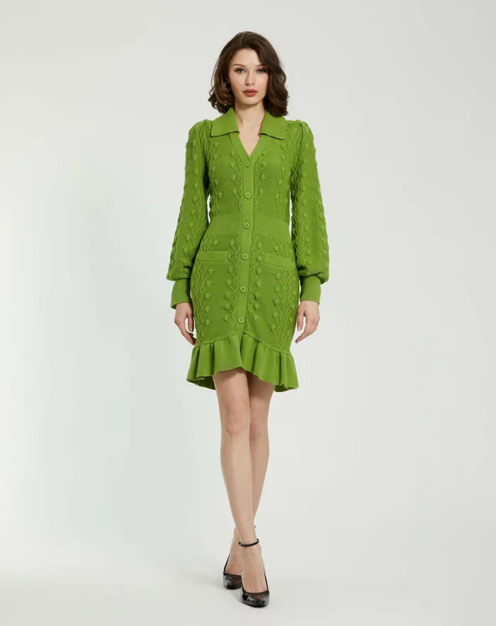 Long Sleeve Button Up Collared Bobble Knit Sweater Dress Pear Women Knitwear Mac Duggal