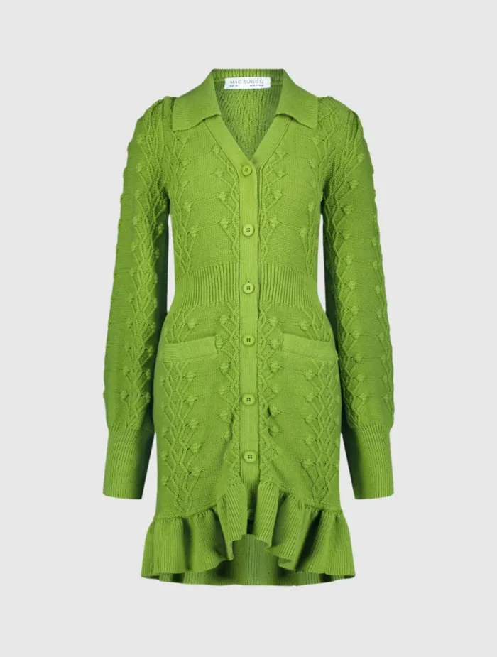 Long Sleeve Button Up Collared Bobble Knit Sweater Dress Pear Women Knitwear Mac Duggal