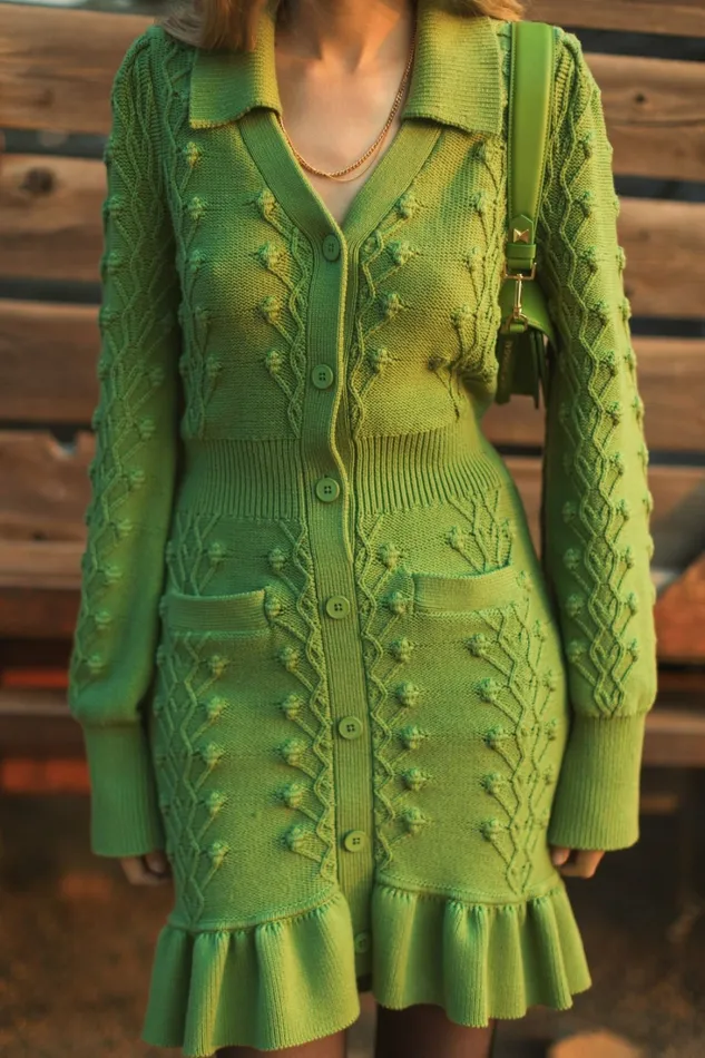 Long Sleeve Button Up Collared Bobble Knit Sweater Dress Pear Women Knitwear Mac Duggal