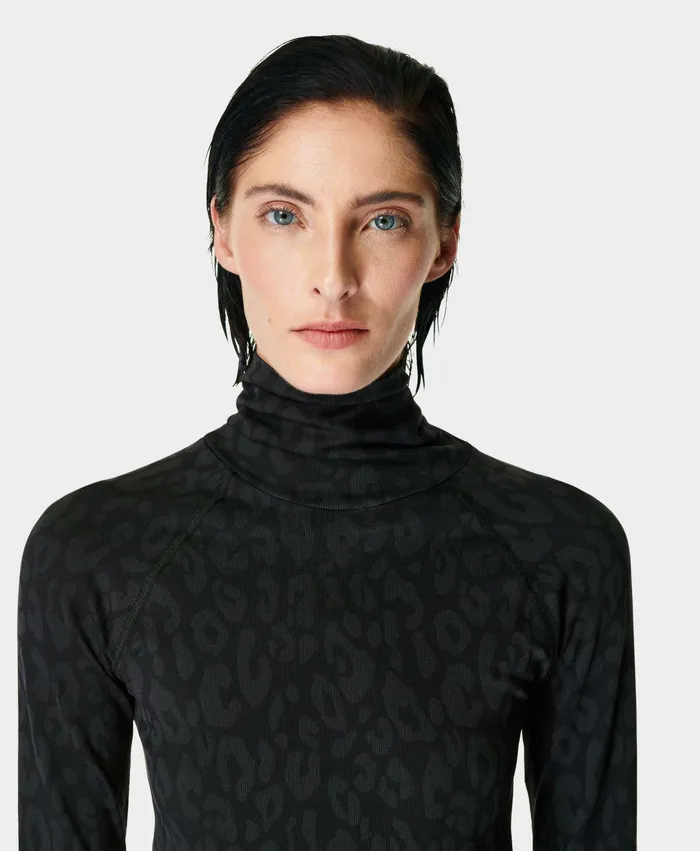 Long Sleeve Tops Women Sweaty Betty High Neck Leopard Jacquard Base Layer Top Black Leopard Paint Jacquard