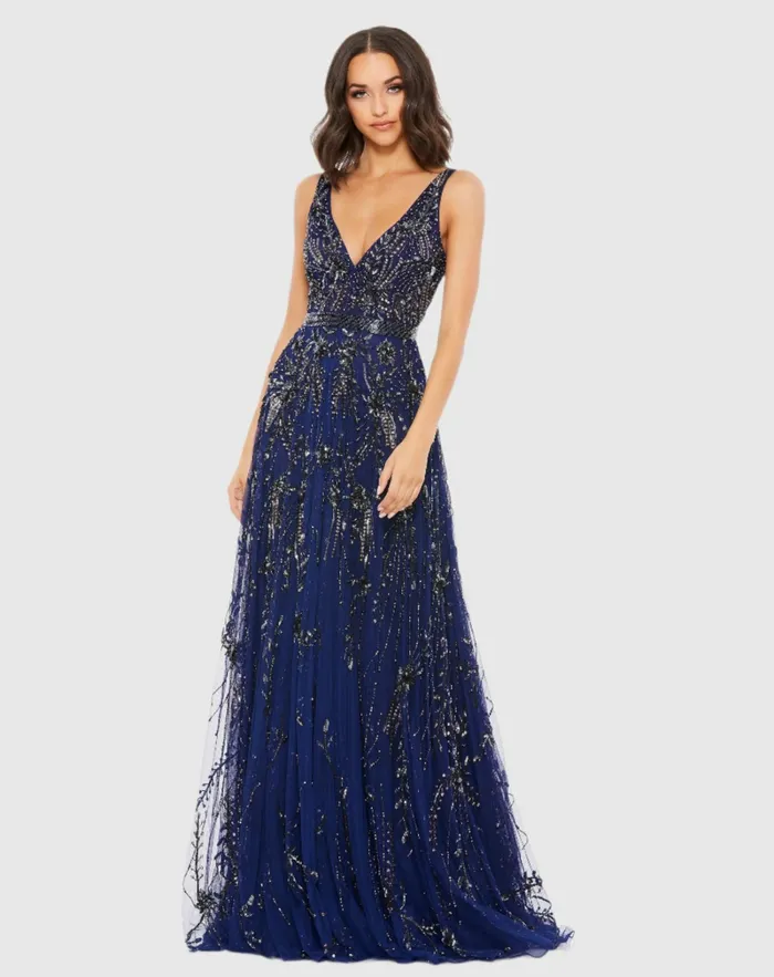 Mac Duggal Best Sellers Women VNeck Embellished Tulle Gown Midnight